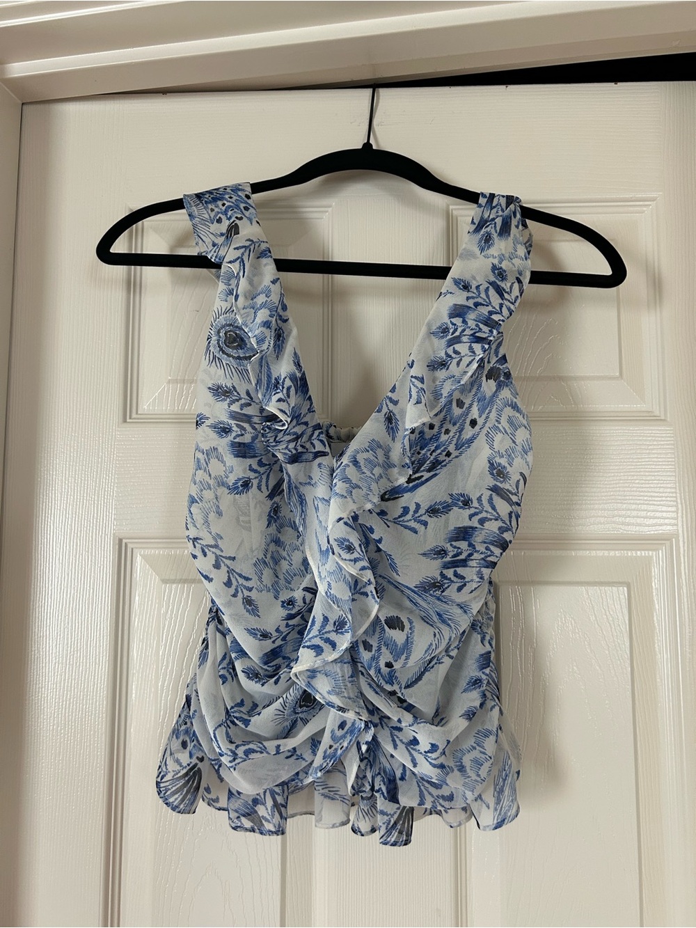 Misa Los Angeles Blue & White Floral Ruffled Camisole